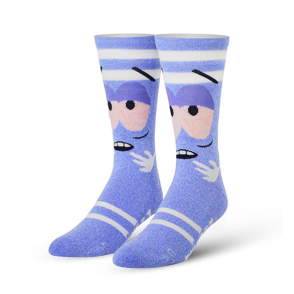 Men's heathered blue South Park crew socks displayed as a pair showing Towelie's droopy-eyed face with white towel stripes