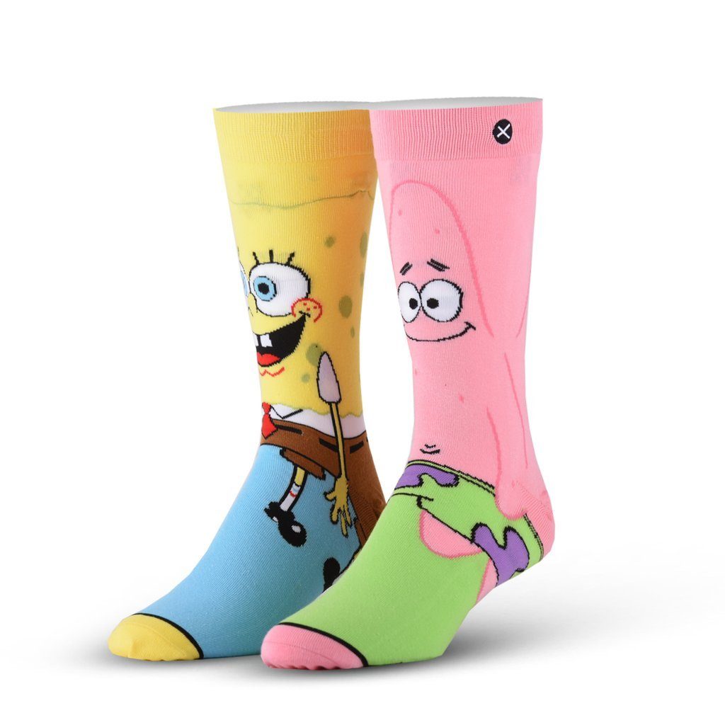 Men's mismatched SpongeBob and Patrick crew socks displayed as a pair, SpongeBob on yellow and blue and Patrick on pink and green
