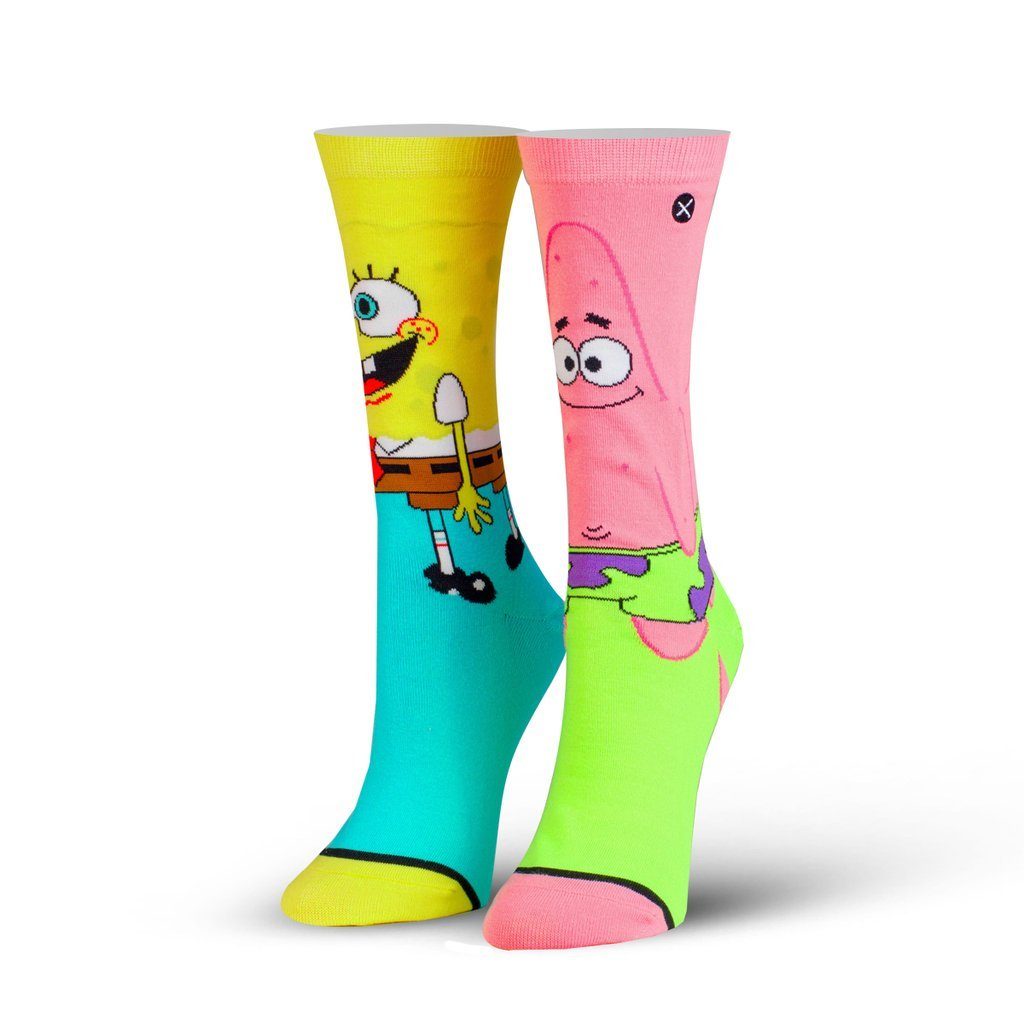 Women's mismatched SpongeBob and Patrick crew socks displayed as a pair, SpongeBob on teal and Patrick on pink and lime