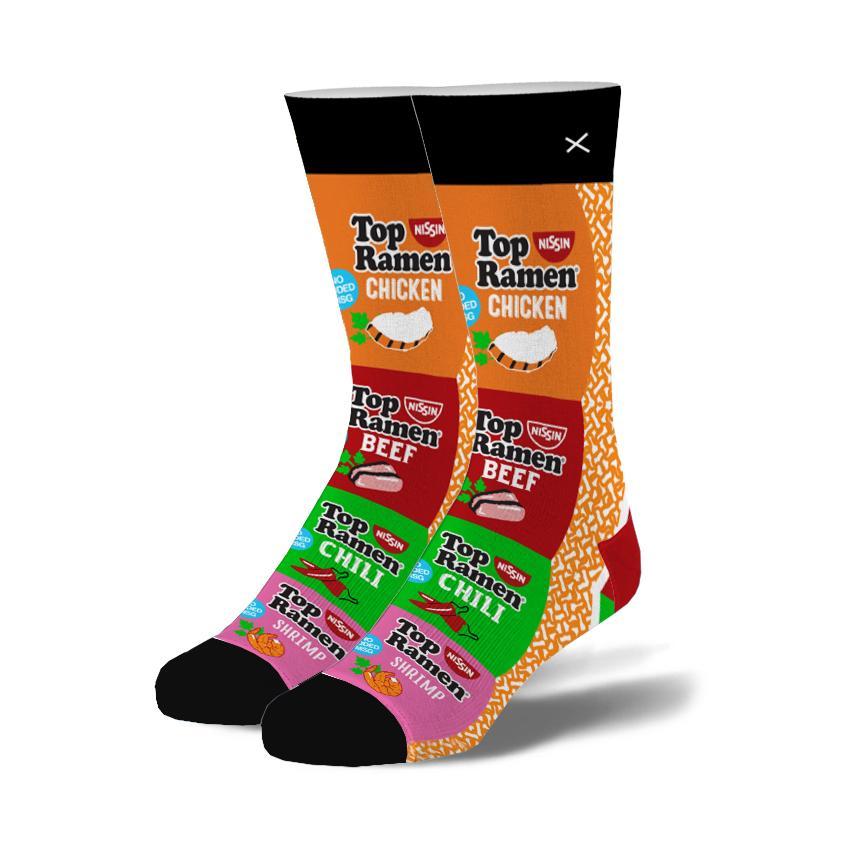 Pair of men's crew socks printed with a stack of Nissin Top Ramen packets in chicken, beef, chili and shrimp flavors with black toes