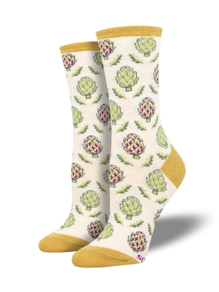 Women's Okie Dokie Artichokie crew socks in cream with green artichokes, flat product shot