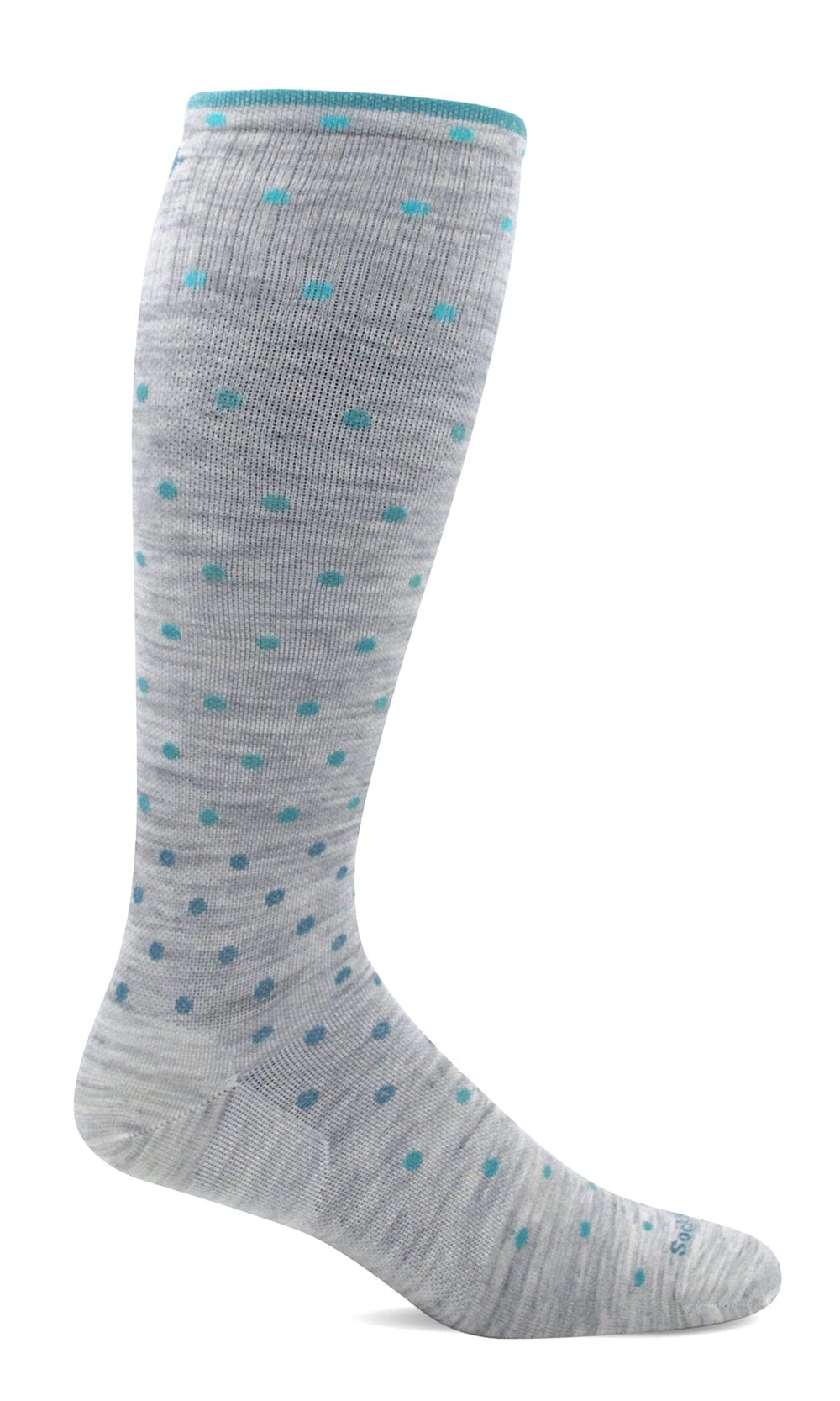 Heathered gray knee-high compression sock covered in turquoise polka dots with a teal cuff stripe, shown on a foot form
