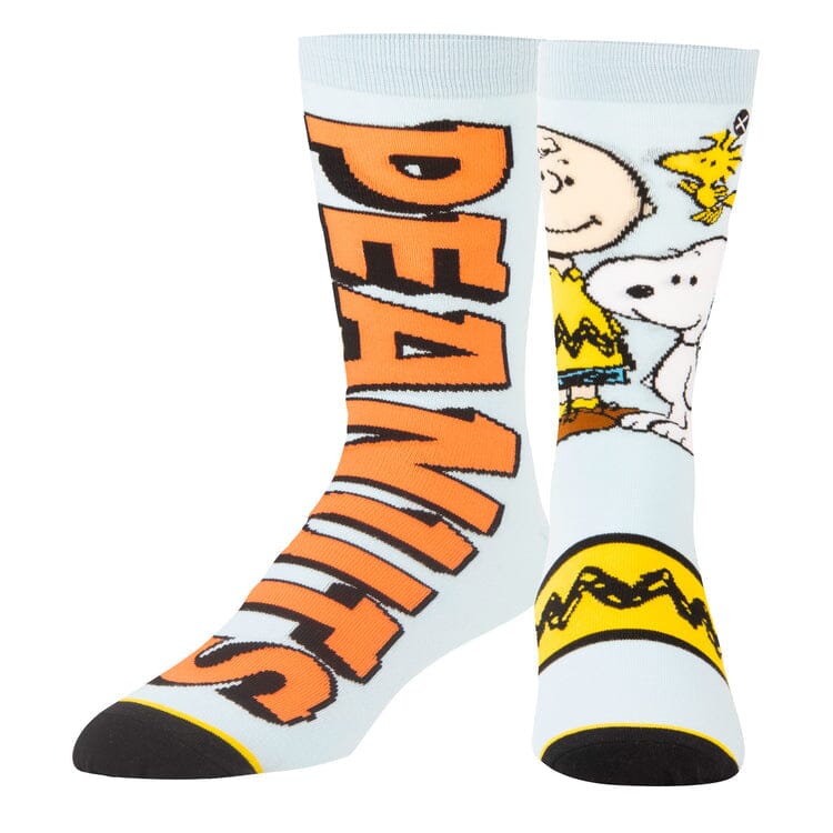 Front view of the Peanuts Split socks showing the characters on one sock and the Peanuts logo on the other
