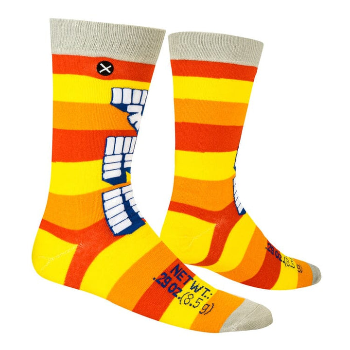 Side view of the Pez crew socks showing the striped pattern and net weight text on the foot