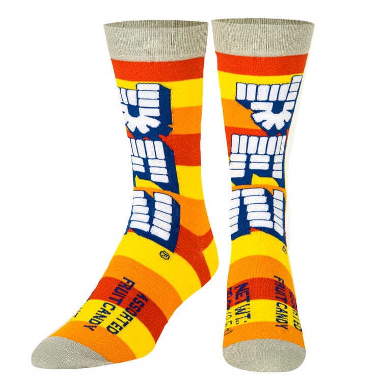 Front view of the Pez crew socks showing the candy logo on warm stripes with a neutral cuff
