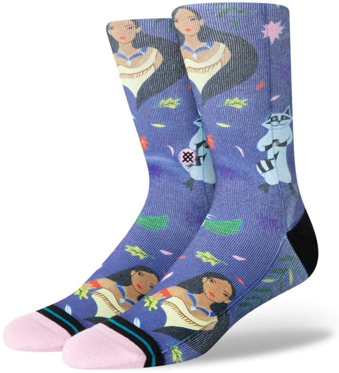 Women's Pocahontas crew socks laid flat showing Pocahontas and Meeko on a periwinkle print with pink toes