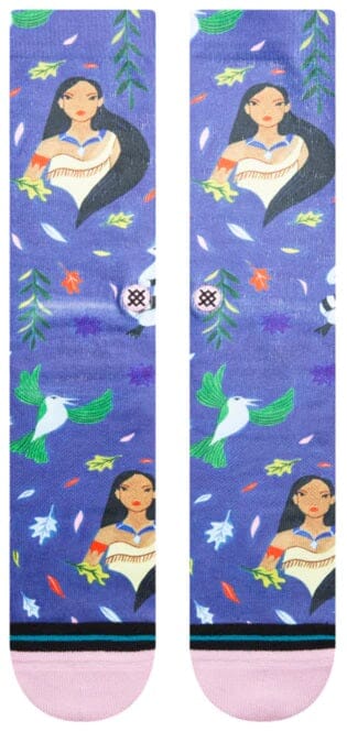 Women's Pocahontas crew socks flat back view with Pocahontas, hummingbirds and falling leaves