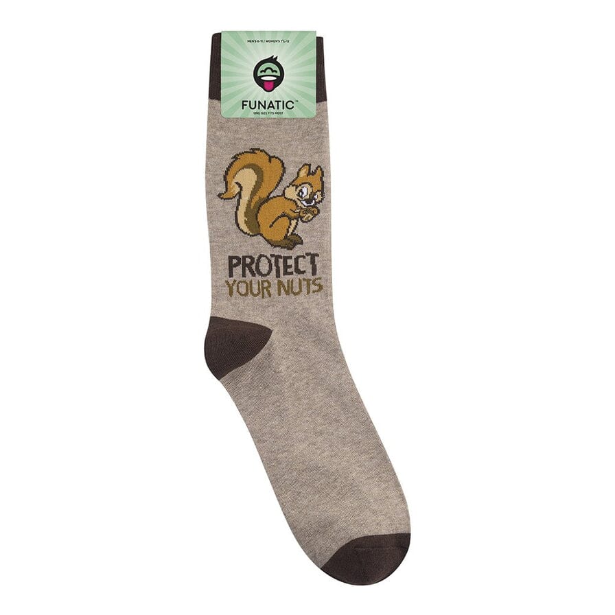 Tan squirrel sock with Funatic header card showing the &