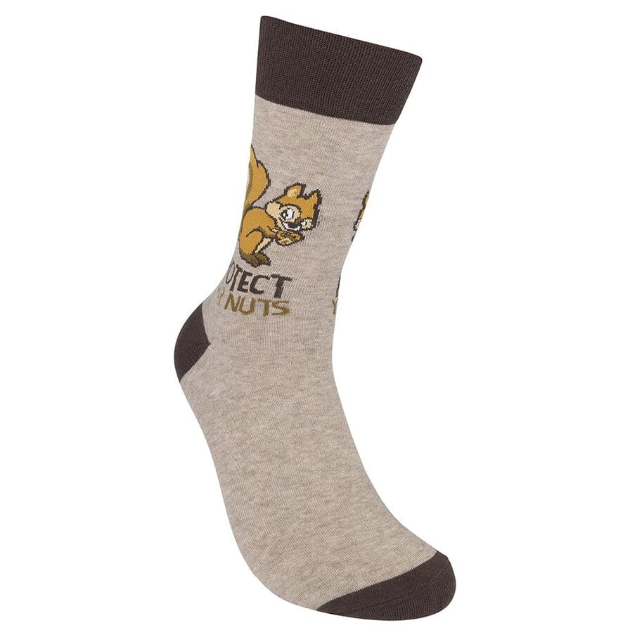 Side view of the tan squirrel sock with the acorn-clutching squirrel along the leg
