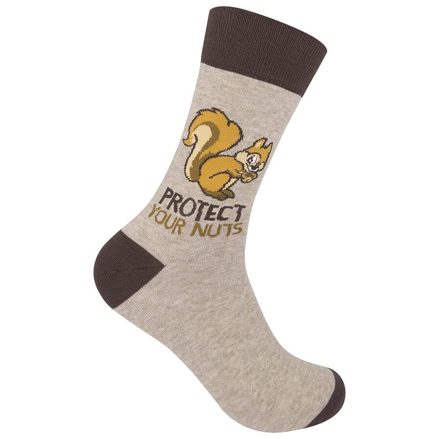 Tan crew sock toe-down with a cartoon squirrel holding an acorn above &