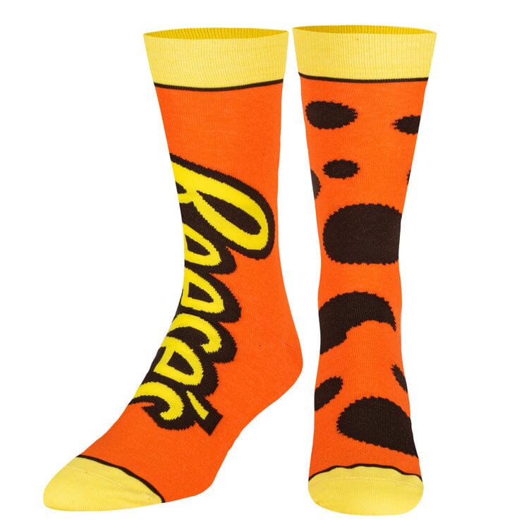 Reese's crew socks shown front-facing with the logo sock and the brown-spotted peanut butter cup sock