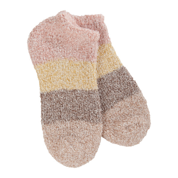 Women's fuzzy low ankle socks color-blocked in rose, yellow and mocha brown, shown as a pair