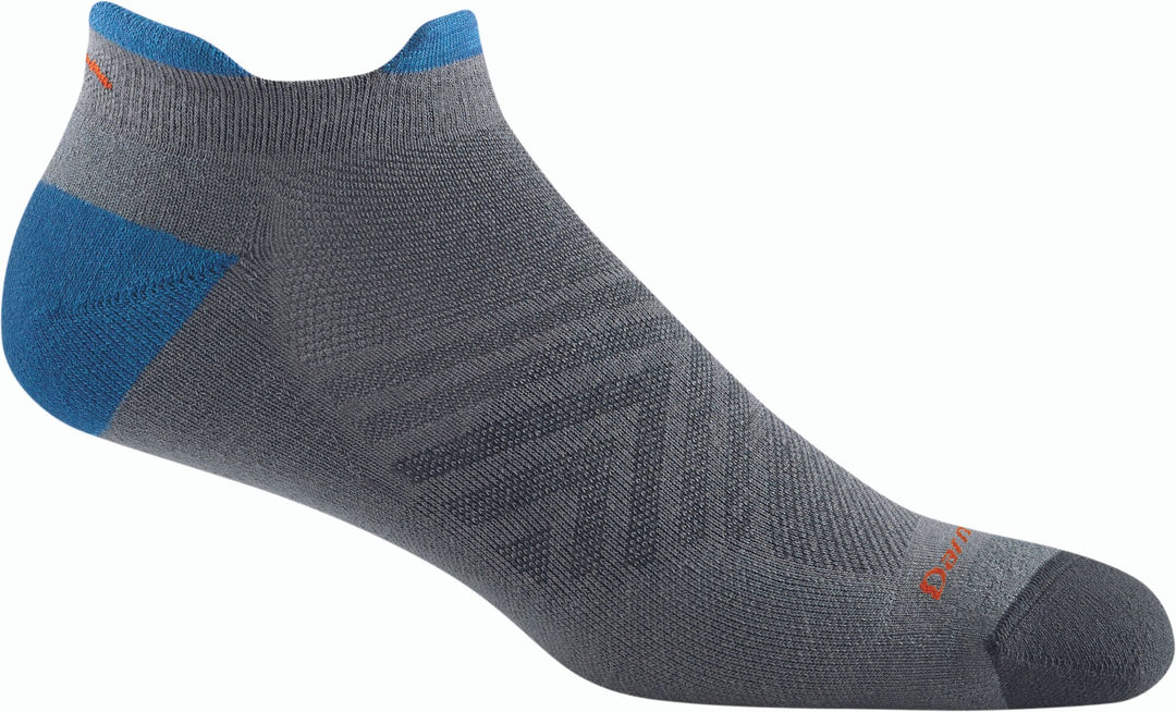 Men's gray no-show tab running sock with teal heel and orange tab, flat side view