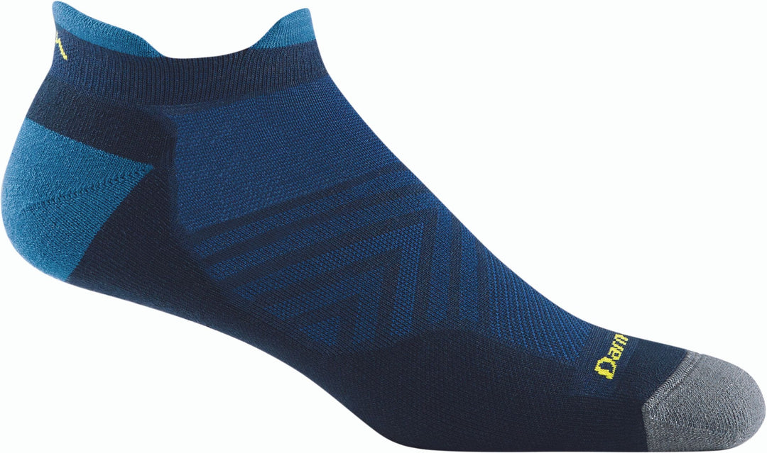 Men's navy no-show tab running sock with blue mesh panels, flat side view