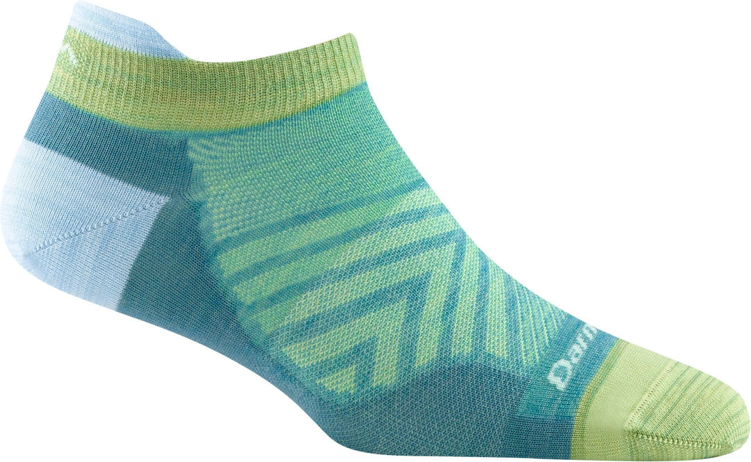 Women's blue and green no-show tab running sock, flat side view