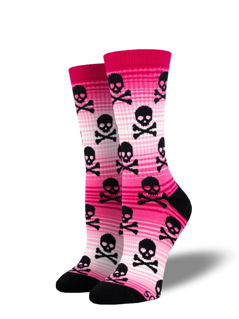 Women's skullduggery athletic crew socks, flat lay showing black skull-and-crossbones on pink ombre stripes