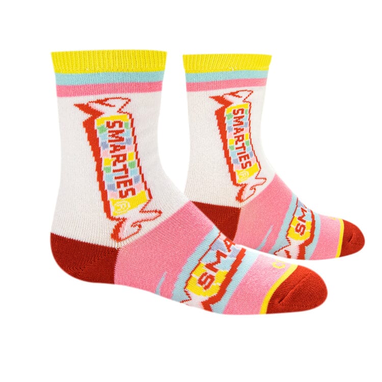 Top-down view of the Smarties socks showing the candy roll on the leg and foot