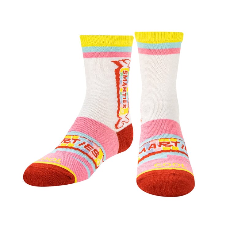 Front view of the Smarties kids' socks showing the wrapper graphic and pastel striped foot