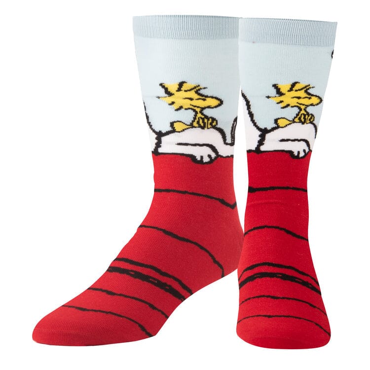 Front view of the Snoopy &amp; Woodstock socks showing Snoopy napping atop the red doghouse roof