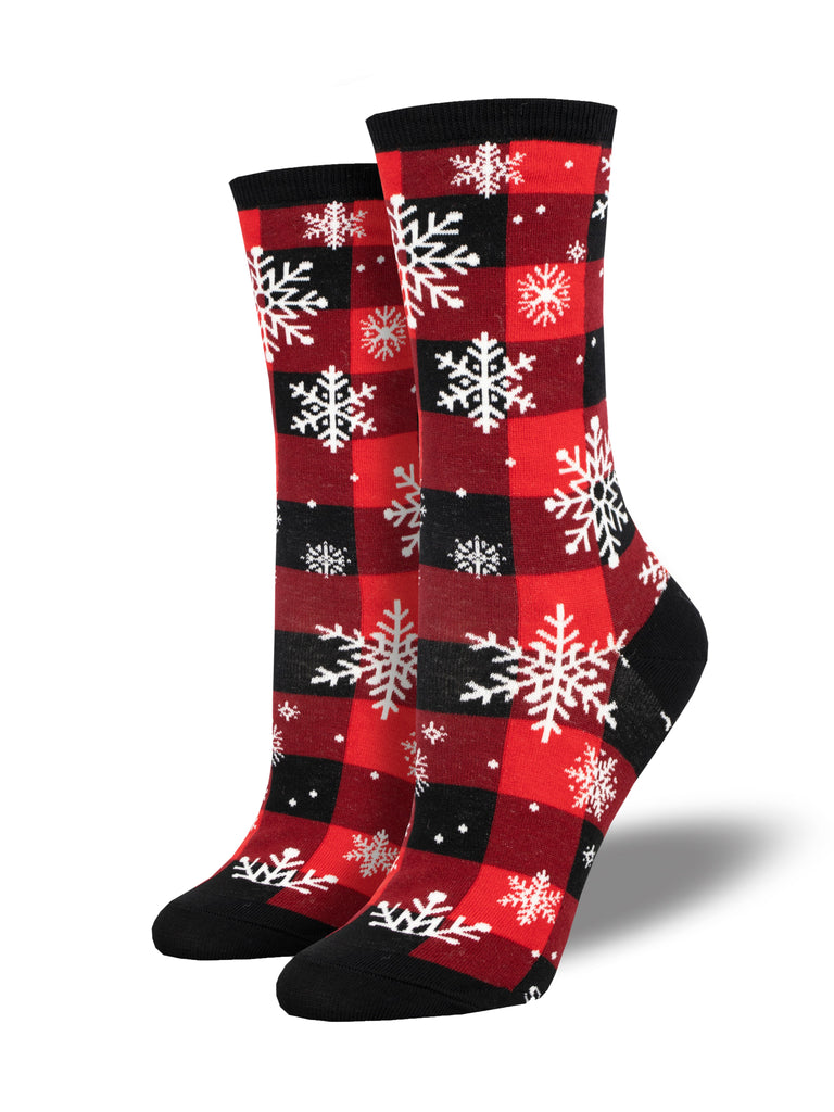 Snowflake Plaidern - Red Crew Socks | Women's - Knock Your Socks Off