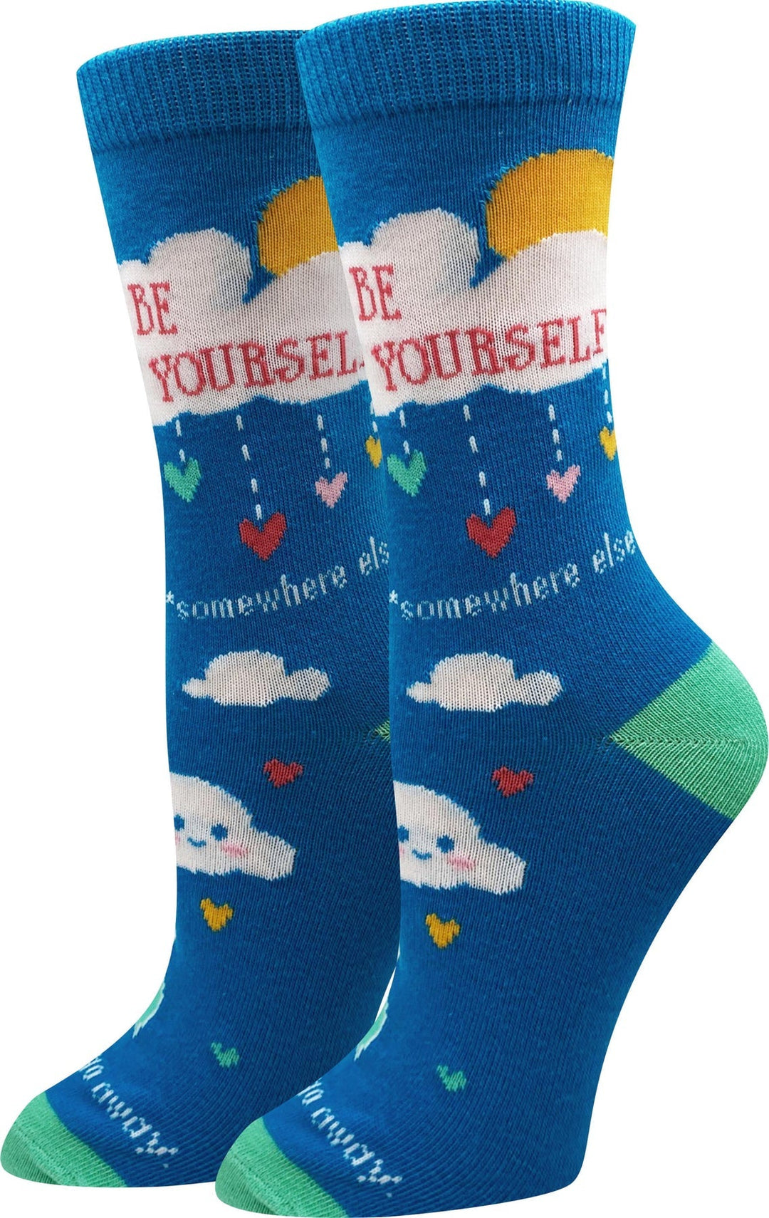 Be Yourself Somewhere Else women's crew socks in sky blue with smiling clouds, a sun, raining hearts and the words be yourself somewhere else