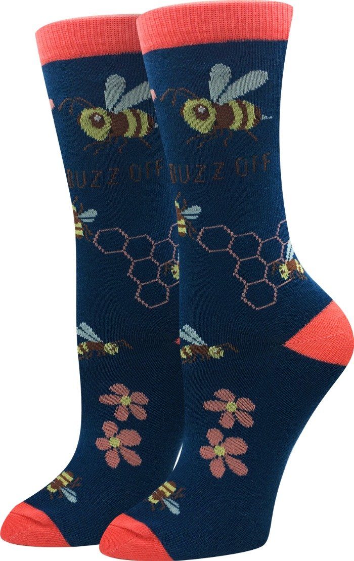 Women's navy crew socks with detailed honeybees, honeycomb, and pink flowers, coral cuff, heel and toe, 'buzz off' text