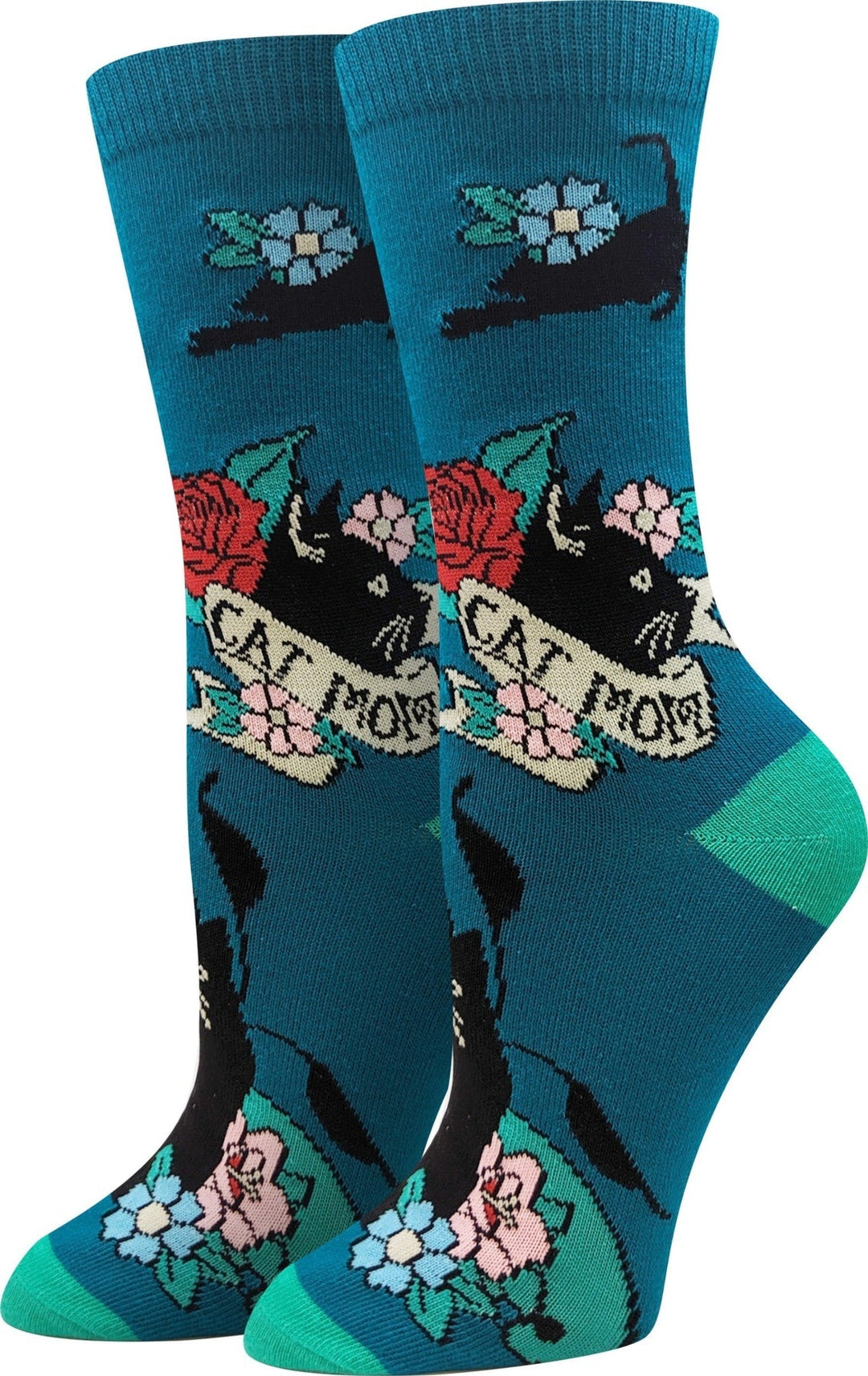 Women's teal crew socks with tattoo-style black cats, red roses, and a 'Cat Mom' banner, mint heel and toe