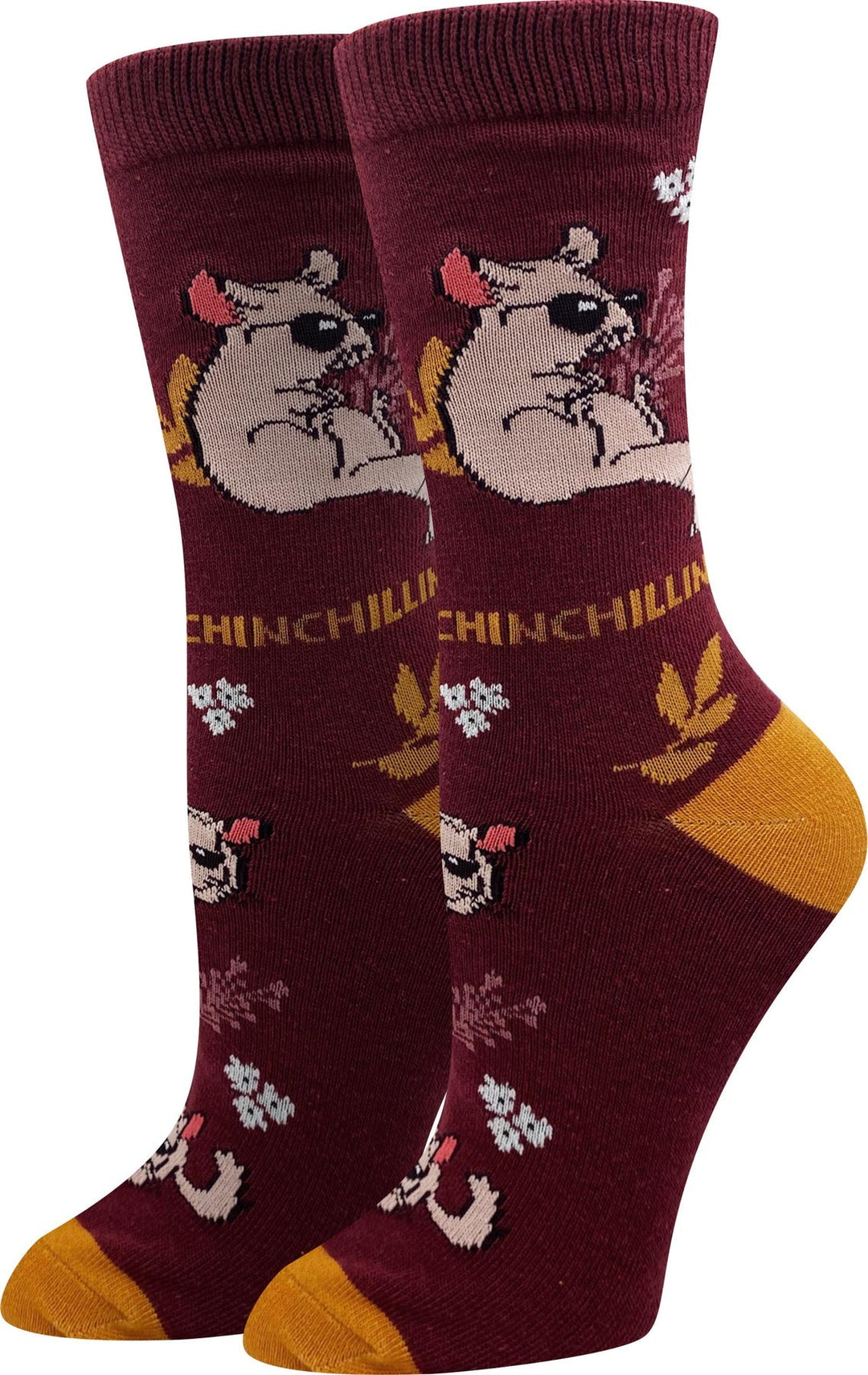 Maroon women's crew socks with a lounging chinchilla, autumn leaves, and the word Chinchillin in yellow