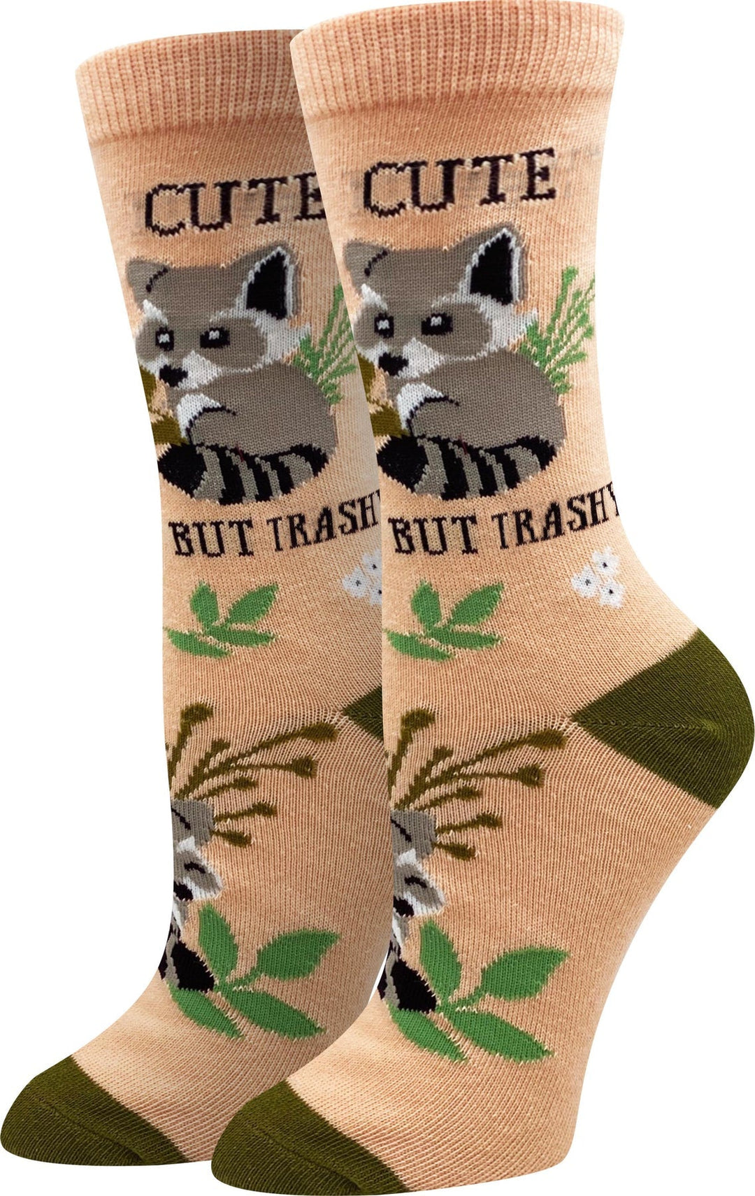 Peach women's crew socks with a gray raccoon in greenery and the words Cute But Trashy