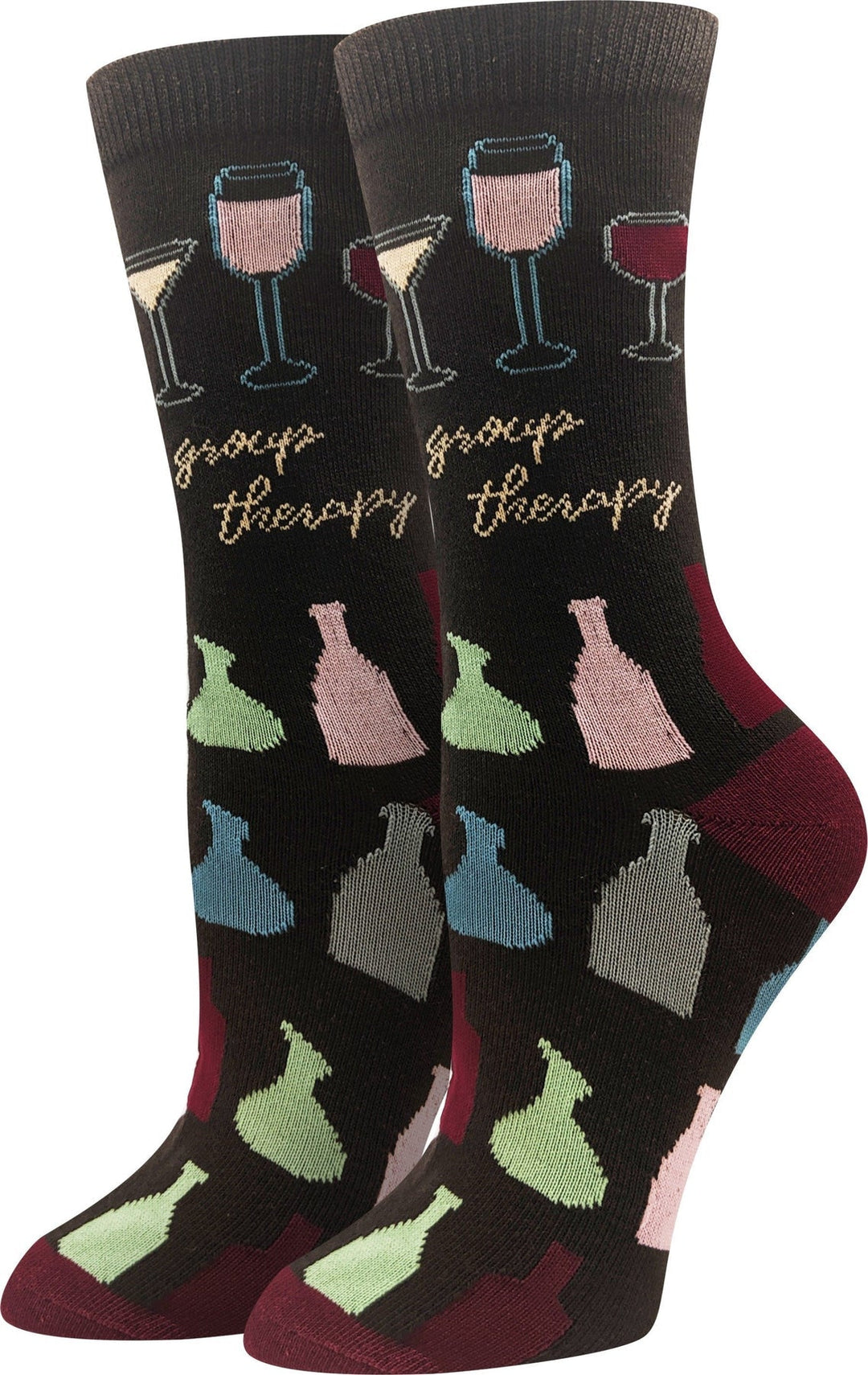 Women's brown crew socks with colorful wine glasses, bottles, and gold 'group therapy' script, burgundy heel and toe