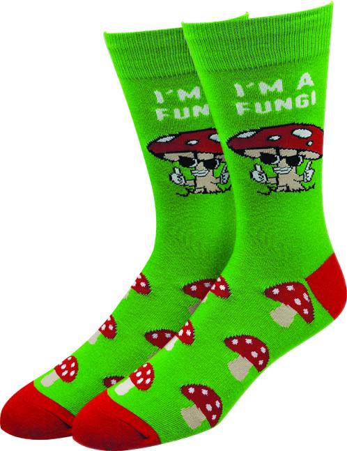 Men's lime green crew socks with a sunglasses-wearing red mushroom giving a thumbs up and 'I'm a fungi' text