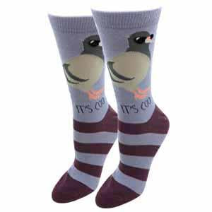 Lavender and maroon striped women's crew socks with a gray pigeon and the words It's Coo