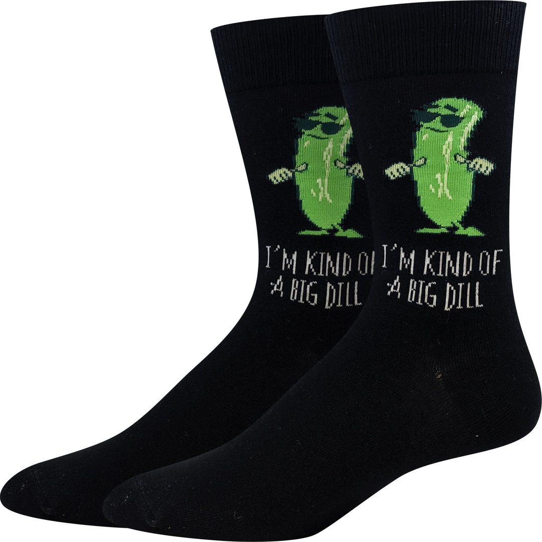 Men's black crew socks with a green pickle wearing sunglasses and the words 'I'm kind of a big dill'