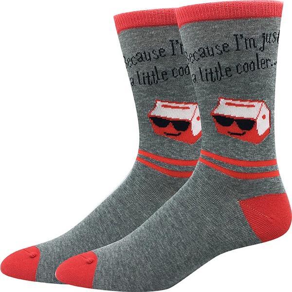 Men's gray crew socks with a red cooler in sunglasses and the text 'Because I'm just a little cooler'