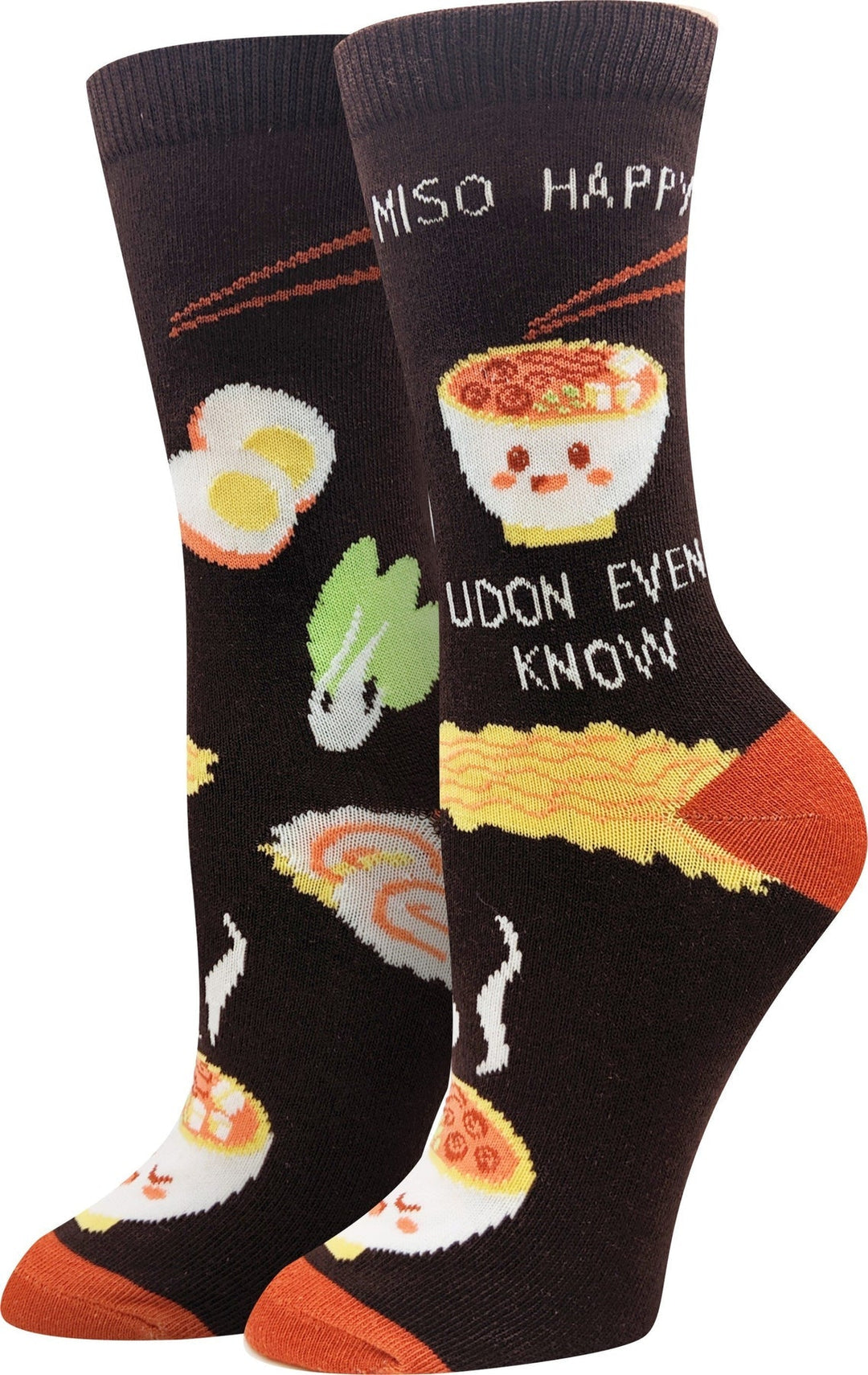 Women's brown crew socks with a cute ramen bowl, eggs, bok choy, noodles, orange toe, and 'Miso happy udon even know' text