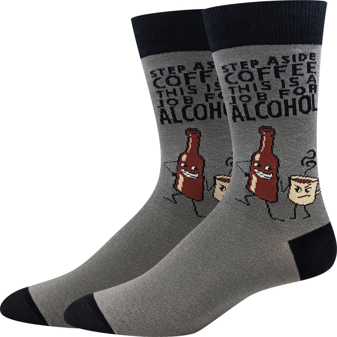 Men's gray crew socks reading 'Step aside coffee, this is a job for alcohol' with a cartoon beer bottle and coffee cup