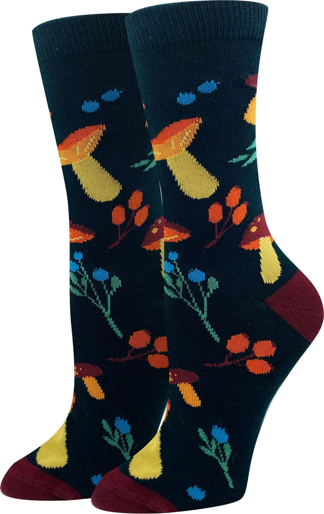 Navy women's crew socks with orange and yellow mushrooms, berries, and blue wildflowers