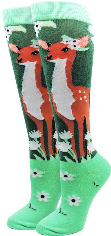 Women's green knee-high socks with two spotted deer among white wildflowers, fading to mint foot with mint cuff