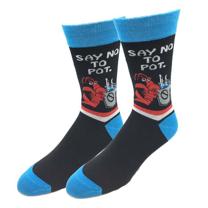 Men's black crew socks with aqua trim showing a red lobster facing a cooking pot and the words 'Say no to pot'