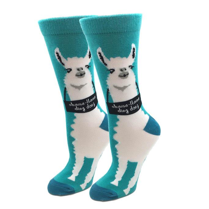 Teal women's crew socks with a white llama and a collar reading shama-llama ding dong