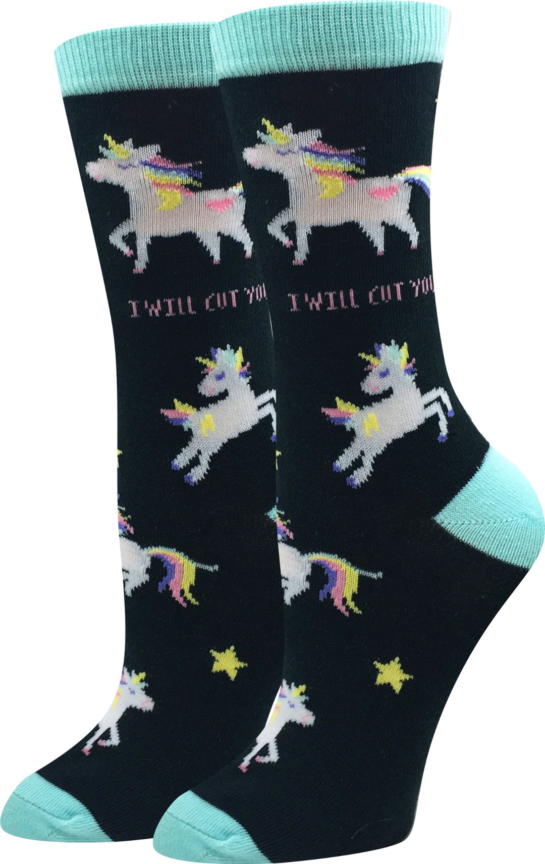 Black women's crew socks with pastel unicorns, gold stars, and the words I Will Cut You in pink