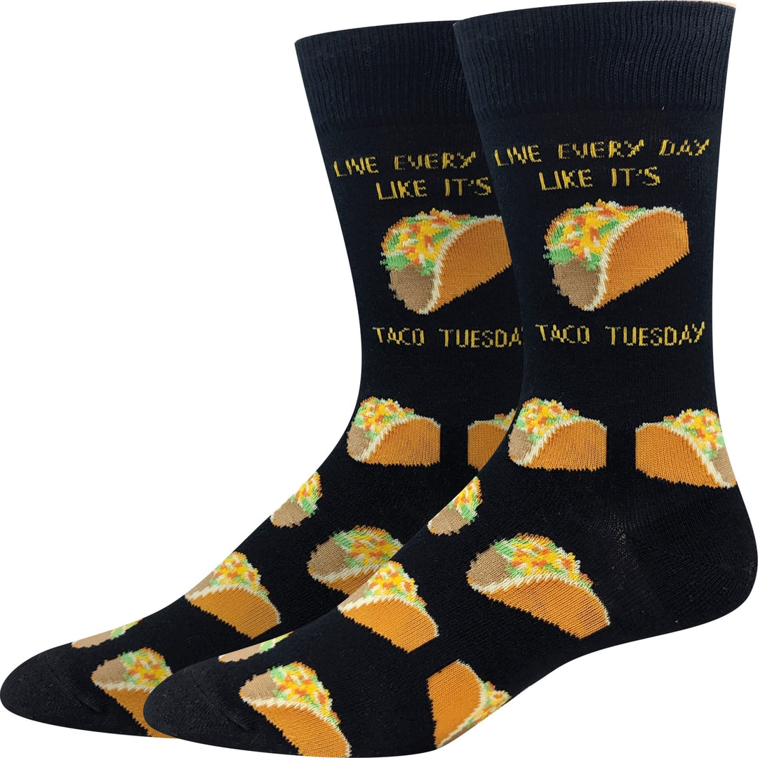 Black men's crew socks covered in golden tacos with the words Live Every Day Like It's Taco Tuesday