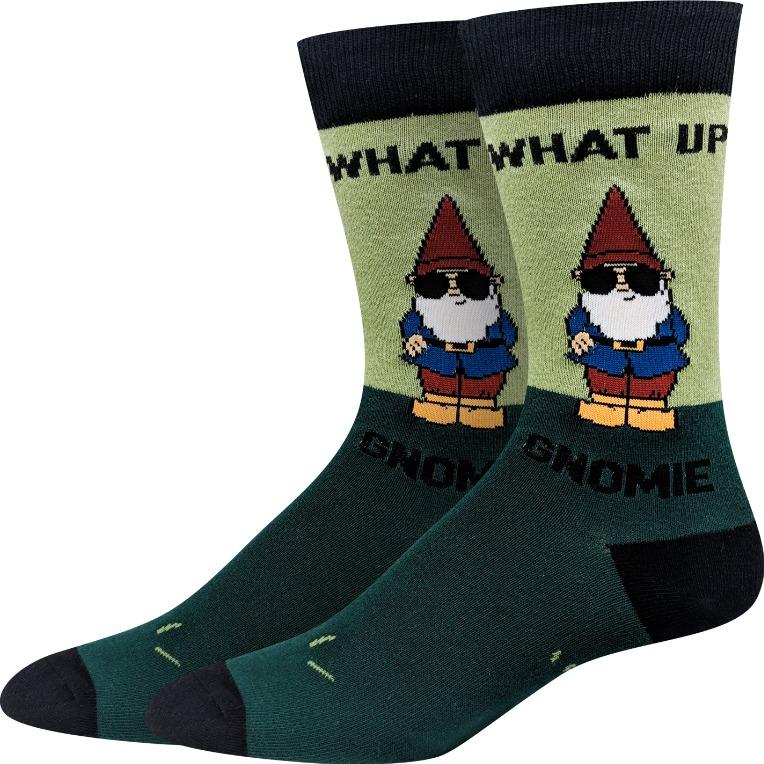 Green men's crew socks with a sunglasses-wearing garden gnome and the words What Up Gnomie