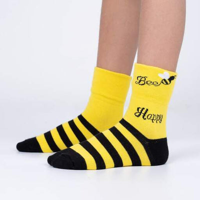 Sock It To Me - "Bee-ing Happy" Bee Turn Cuff Youth Crew Socks | Kids' - Knock Your Socks Off