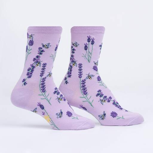 Pair of Bees &amp; Lavender crew socks displayed at an angle showing lavender stalks and bees