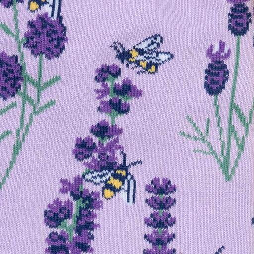 Close-up of knit purple lavender flowers and yellow-and-black honeybees on lilac
