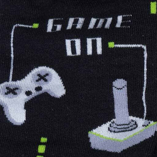 Close-up of the knit Game On text with a controller and joystick on black