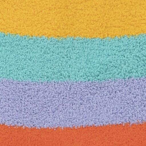 Close-up of the plush horizontal stripes in yellow, teal, periwinkle and orange on the slipper sock