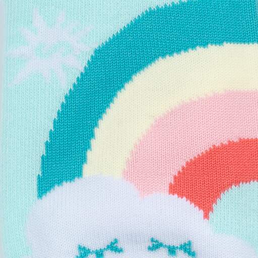 Close-up of the On Cloud 9 sock design with a pastel rainbow, sun, and sleepy smiling cloud