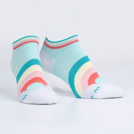 Front view of the pair of mint On Cloud 9 ankle socks with rainbow and cloud design